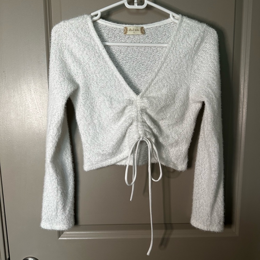 ALTARD STATE Crop Tie-Front Fuzzy White Sweater